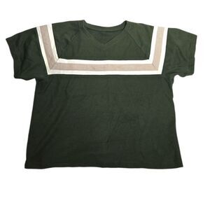 VINTAGE 90s forest green‎ stripe short sleeve boxy knit v-neck top M
